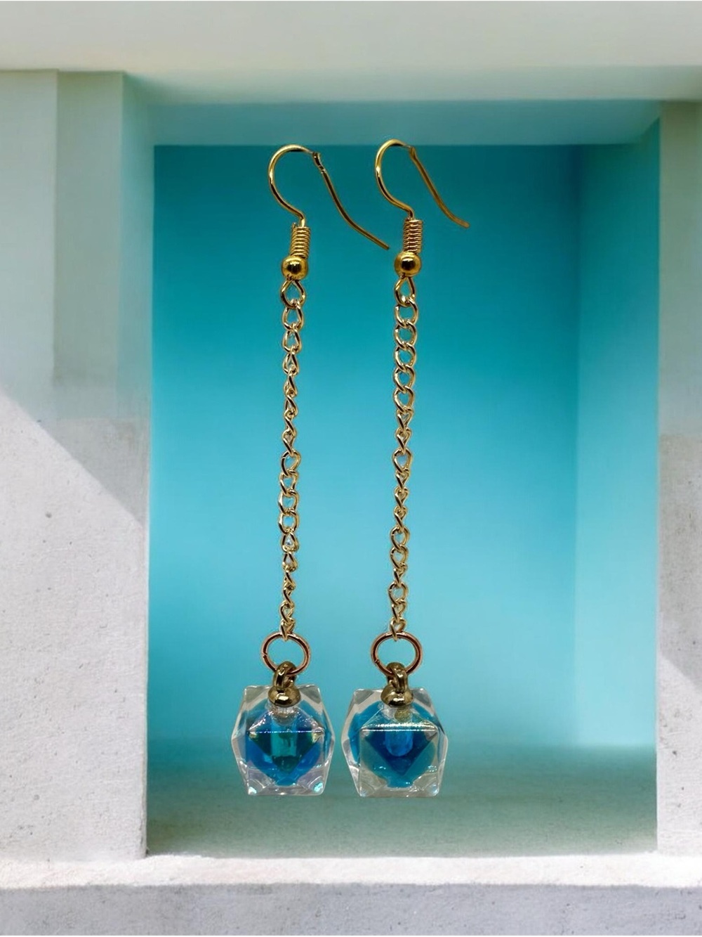 Blue Cube Long Dangle Earrings Gold Chain Handmade Jewelry